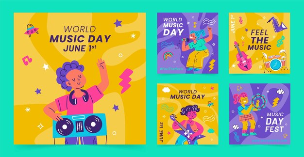 Colección plana de publicaciones de instagram para la celebración del día mundial de la música