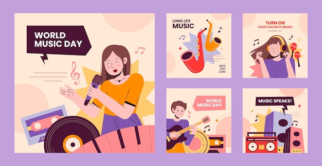 Colección plana de publicaciones de instagram para la celebración del día mundial de la música