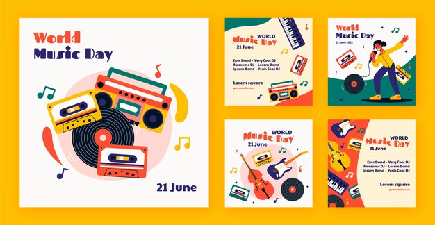 Colección plana de publicaciones de instagram para la celebración del día mundial de la música