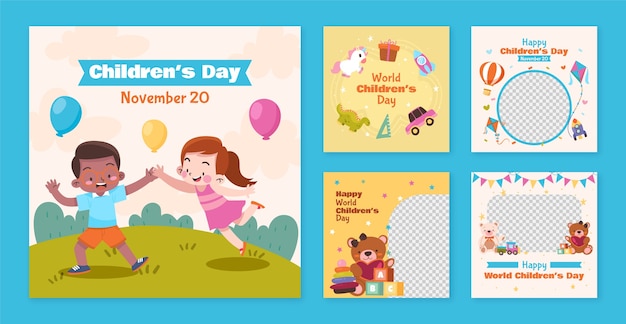 Colección plana de publicaciones de instagram para la celebración del día mundial del niño con niños jugando