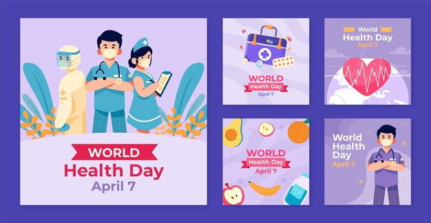 Colección plana de publicaciones de instagram para la celebración del día mundial de la salud