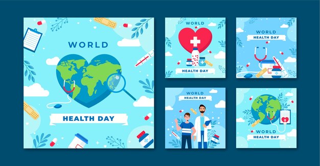 Colección plana de publicaciones de instagram para la celebración del día mundial de la salud