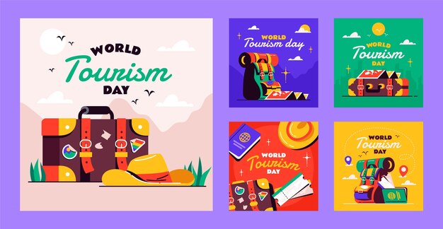 Colección plana de publicaciones de instagram para la celebración del día mundial del turismo