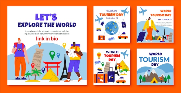 Colección plana de publicaciones de instagram para la celebración del día mundial del turismo