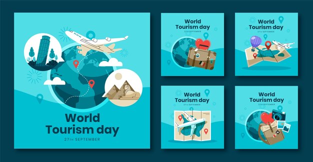 Colección plana de publicaciones de instagram para la celebración del día mundial del turismo
