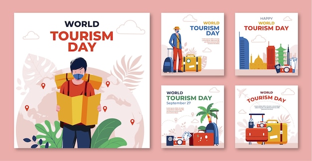 Vector gratuito colección plana de publicaciones de instagram para la celebración del día mundial del turismo