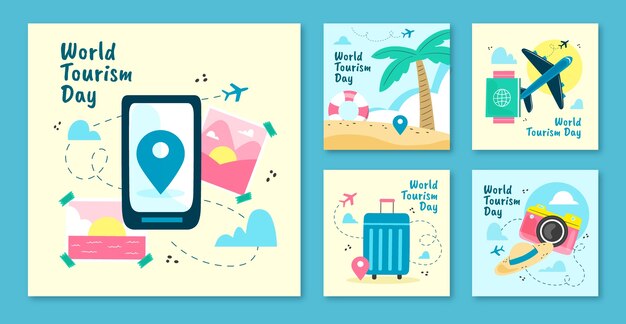 Vector gratuito colección plana de publicaciones de instagram para la celebración del día mundial del turismo