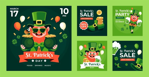 Vector gratuito colección plana de publicaciones de instagram para la celebración del día de san patricio