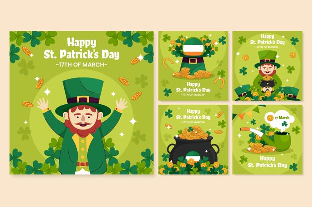 Vector gratuito colección plana de publicaciones de instagram para la celebración del día de san patricio