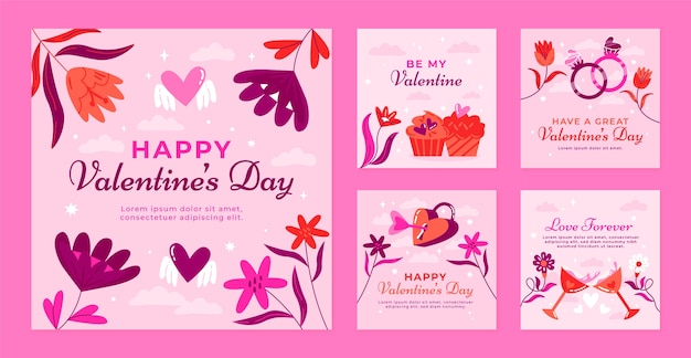 Colección plana de publicaciones de instagram para la celebración del día de san valentín