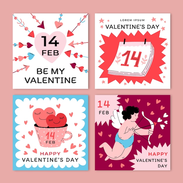 Vector gratuito colección plana de publicaciones de instagram para la celebración del día de san valentín