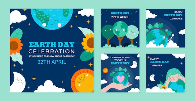 Colección plana de publicaciones de instagram para la celebración del día de la tierra
