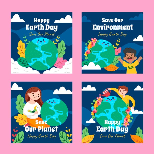 Colección plana de publicaciones de instagram para la celebración del día de la tierra