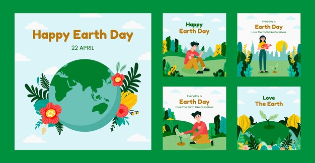 Colección plana de publicaciones de instagram para la celebración del día de la tierra
