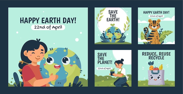 Colección plana de publicaciones de instagram para la celebración del día de la tierra
