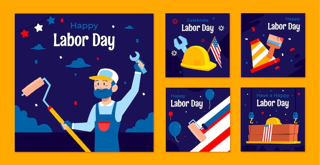 Vector gratuito colección plana de publicaciones de instagram para la celebración del día del trabajo estadounidense