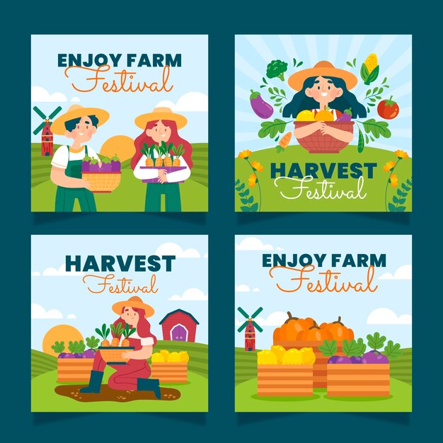 Colección plana de publicaciones de instagram para la celebración del festival de la cosecha