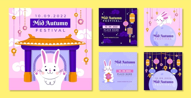 Vector gratuito colección plana de publicaciones de instagram para la celebración del festival del medio otoño