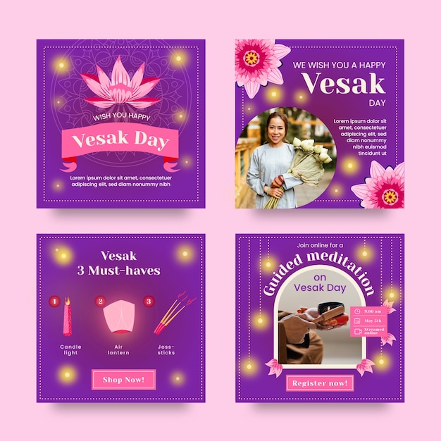 Vector gratuito colección plana de publicaciones de instagram para la celebración del festival vesak