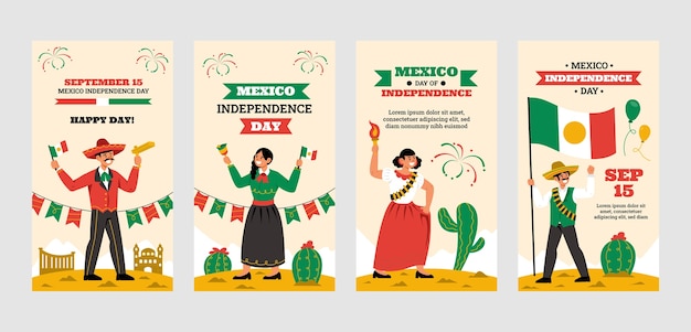 Vector gratuito colección plana de publicaciones de instagram para la celebración de la independencia de méxico