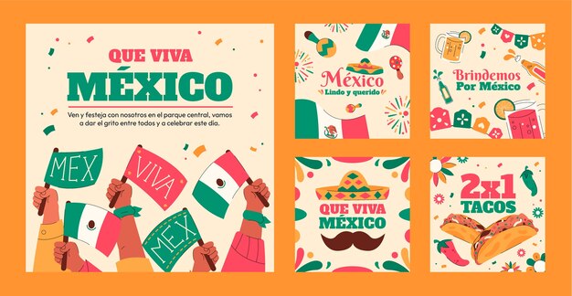 Colección plana de publicaciones de instagram para la celebración de la independencia de méxico