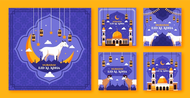 Colección plana de publicaciones de instagram para la celebración islámica de eid al-adha
