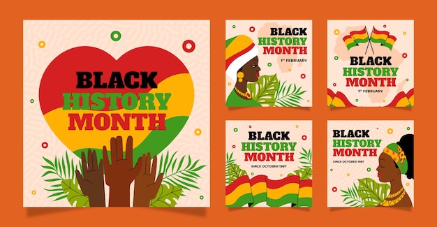 Vector gratuito colección plana de publicaciones en instagram para la celebración del mes de la historia negra