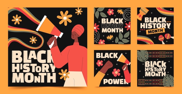 Vector gratuito colección plana de publicaciones en instagram para la celebración del mes de la historia negra