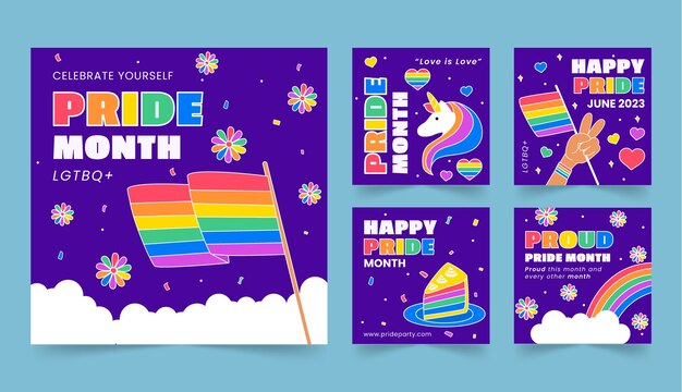 Colección plana de publicaciones de instagram para la celebración del mes del orgullo