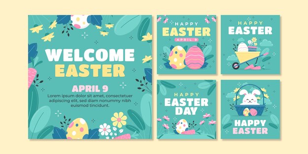 Colección plana de publicaciones de instagram de celebración de pascua