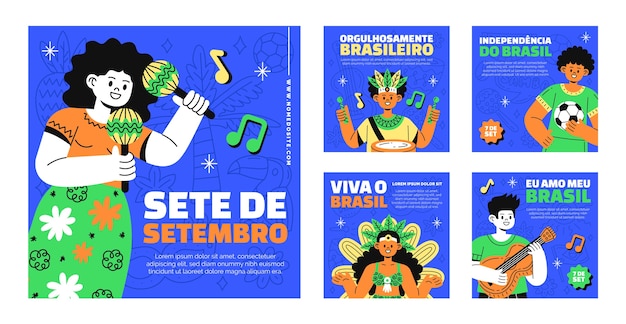 Colección plana de publicaciones de instagram para la celebración de sete de setembro