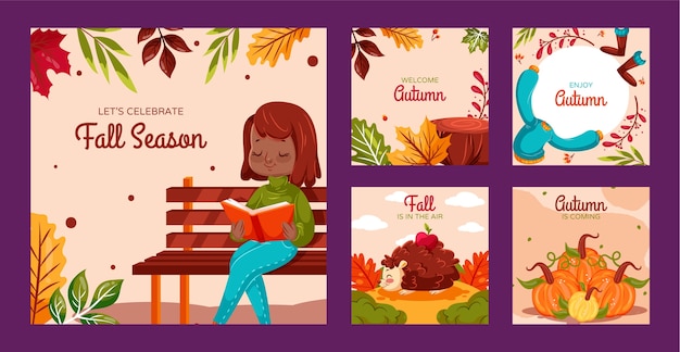 Vector gratuito colección plana de publicaciones de instagram para la celebración de la temporada de otoño