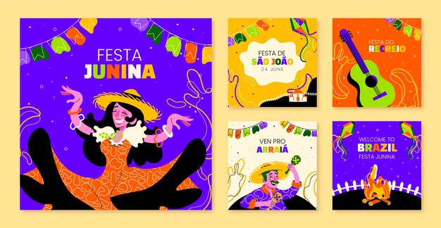 Colección plana de publicaciones de instagram para celebraciones de festas juninas brasileñas