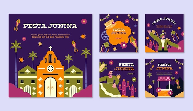 Colección plana de publicaciones de instagram para celebraciones de festas juninas brasileñas