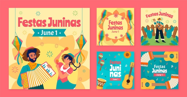 Colección plana de publicaciones de instagram para celebraciones de festas juninas brasileñas