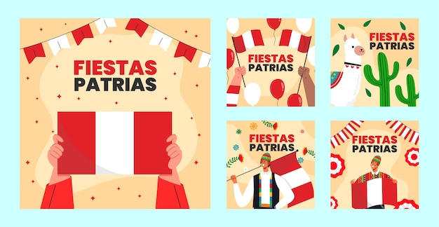 Vector gratuito colección plana de publicaciones de instagram para celebraciones de fiestas patrias peruanas