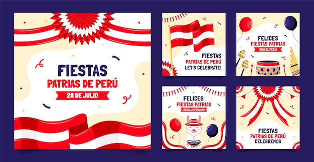Vector gratuito colección plana de publicaciones de instagram para celebraciones de fiestas patrias peruanas