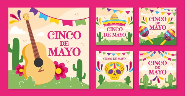 Colección plana de publicaciones de instagram cinco de mayo