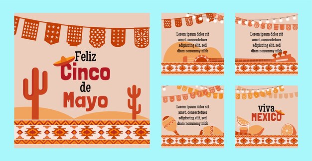 Colección plana de publicaciones de instagram cinco de mayo