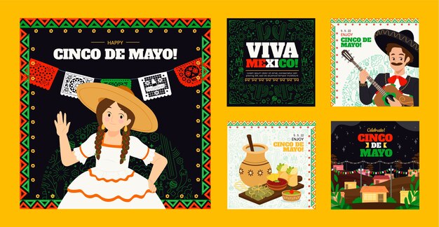 Colección plana de publicaciones de instagram cinco de mayo