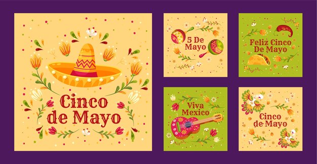 Colección plana de publicaciones de instagram cinco de mayo