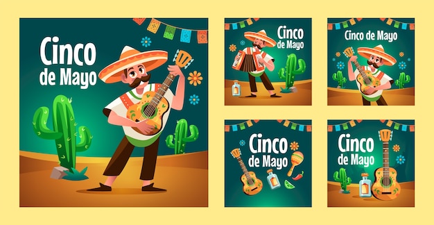 Colección plana de publicaciones de instagram cinco de mayo