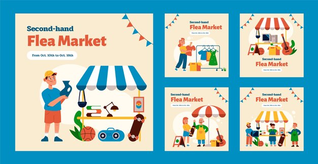 Colección plana de publicaciones de instagram de compras en el mercado de pulgas