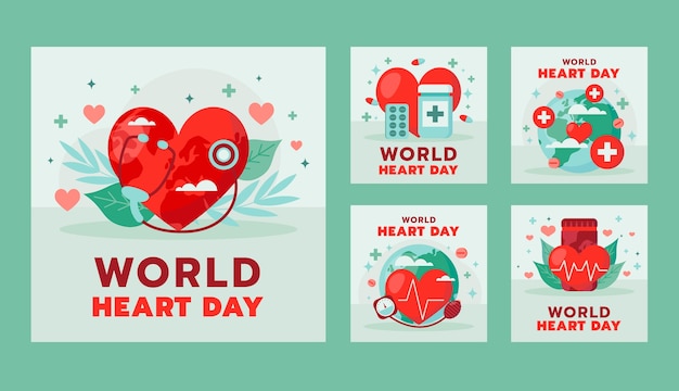 Vector gratuito colección plana de publicaciones de instagram para concientizar sobre el día mundial del corazón