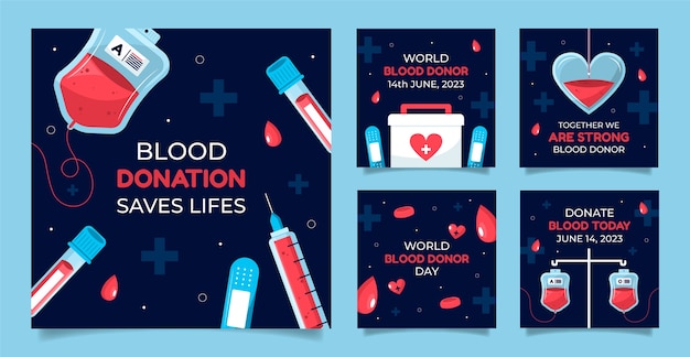 Vector gratuito colección plana de publicaciones de instagram para concientizar sobre el día mundial del donante de sangre