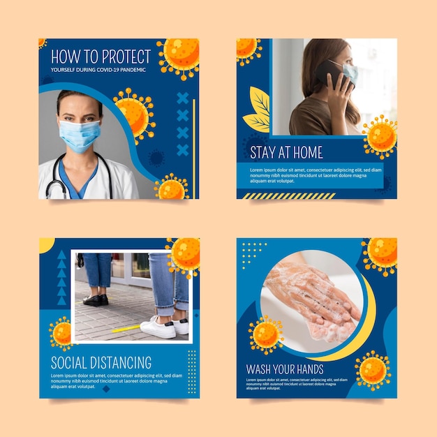 Vector gratuito colección plana de publicaciones de instagram de coronavirus