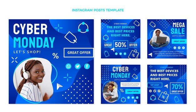 Colección plana de publicaciones de instagram de cyber monday