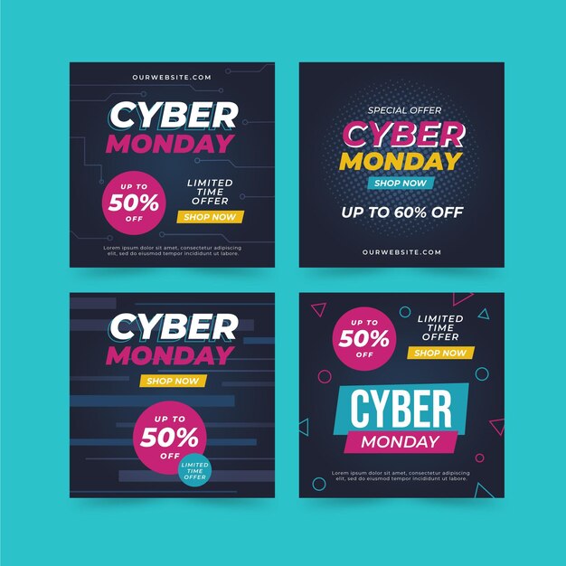 Colección plana de publicaciones de instagram de cyber monday