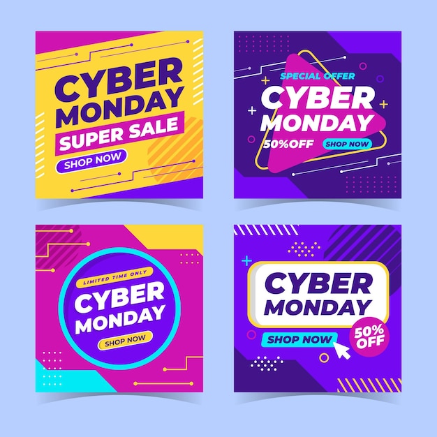 Vector gratuito colección plana de publicaciones de instagram de cyber monday