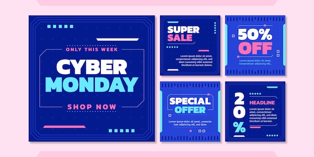 Colección plana de publicaciones de instagram de cyber monday